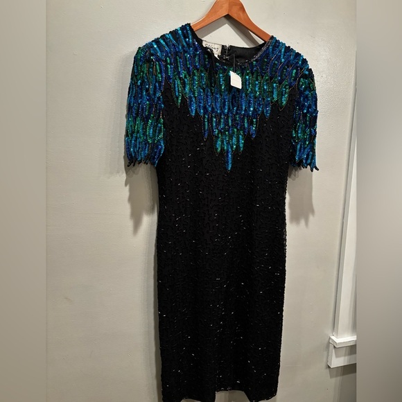 Vintage 100% silk beaded Elegant Black and Blue Sequin Dress stenay size 8 - Picture 4 of 16